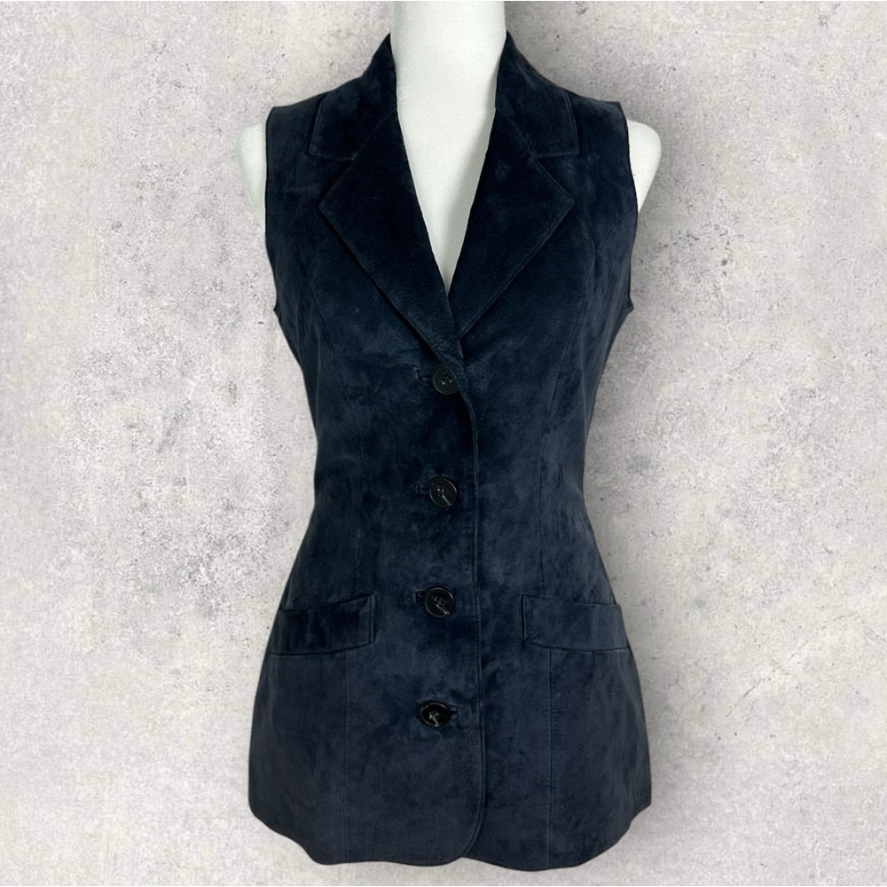Danier Canada 100% Suede Leather Blue Blazer Vest Jacket Womens Size XS Notched